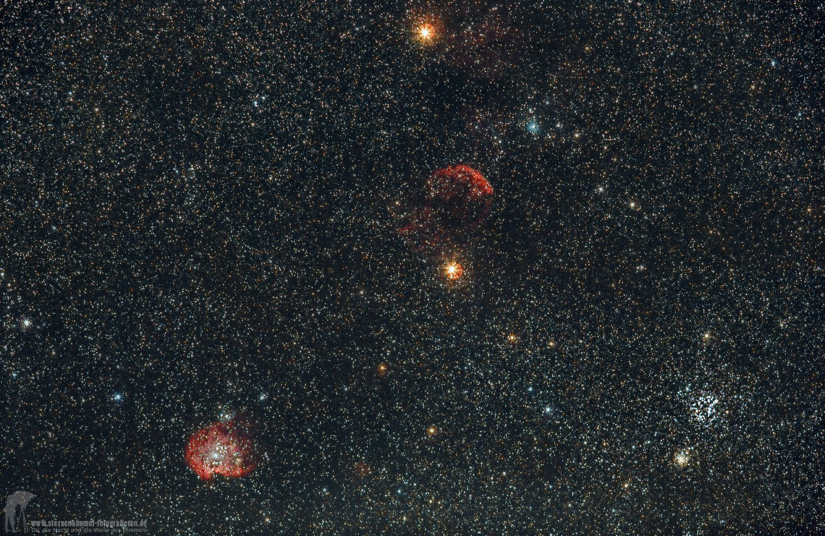 Affenkopfnebel NGC 2174, Quallennebel IC 443 und Sternhaufen M35,
