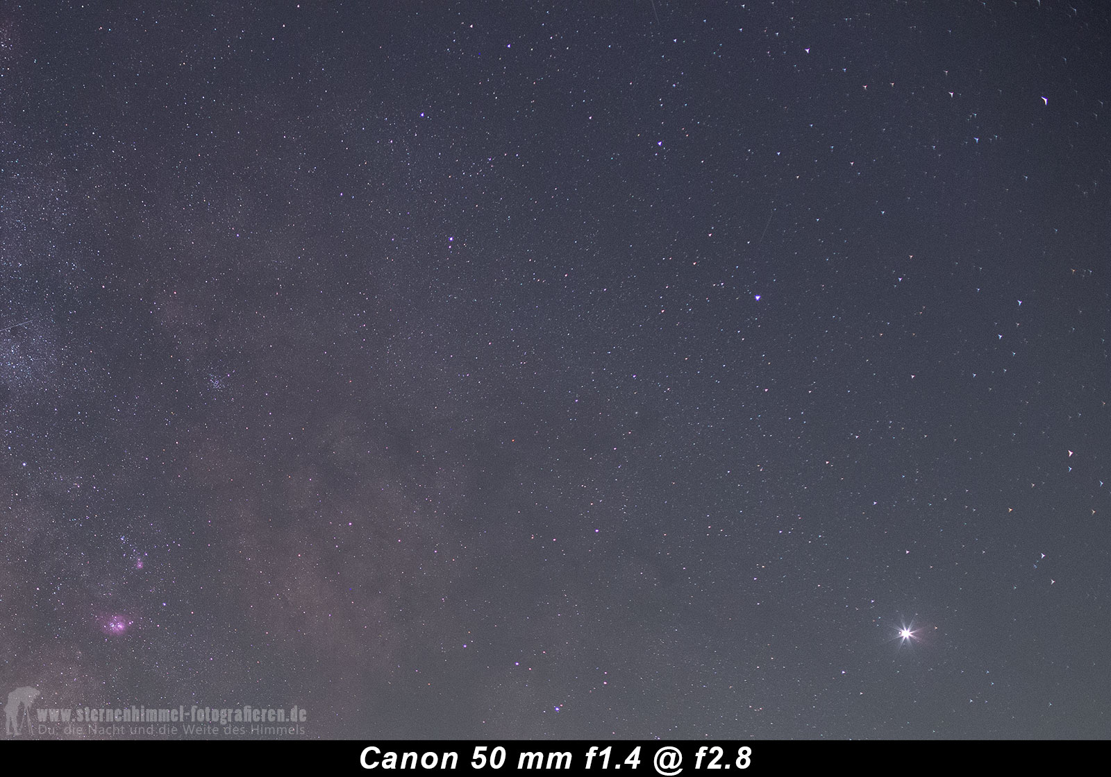 Das Canon f1.4 verbessert sich, zeigt aber bei f2.8 noch deutlich comatische Sterne