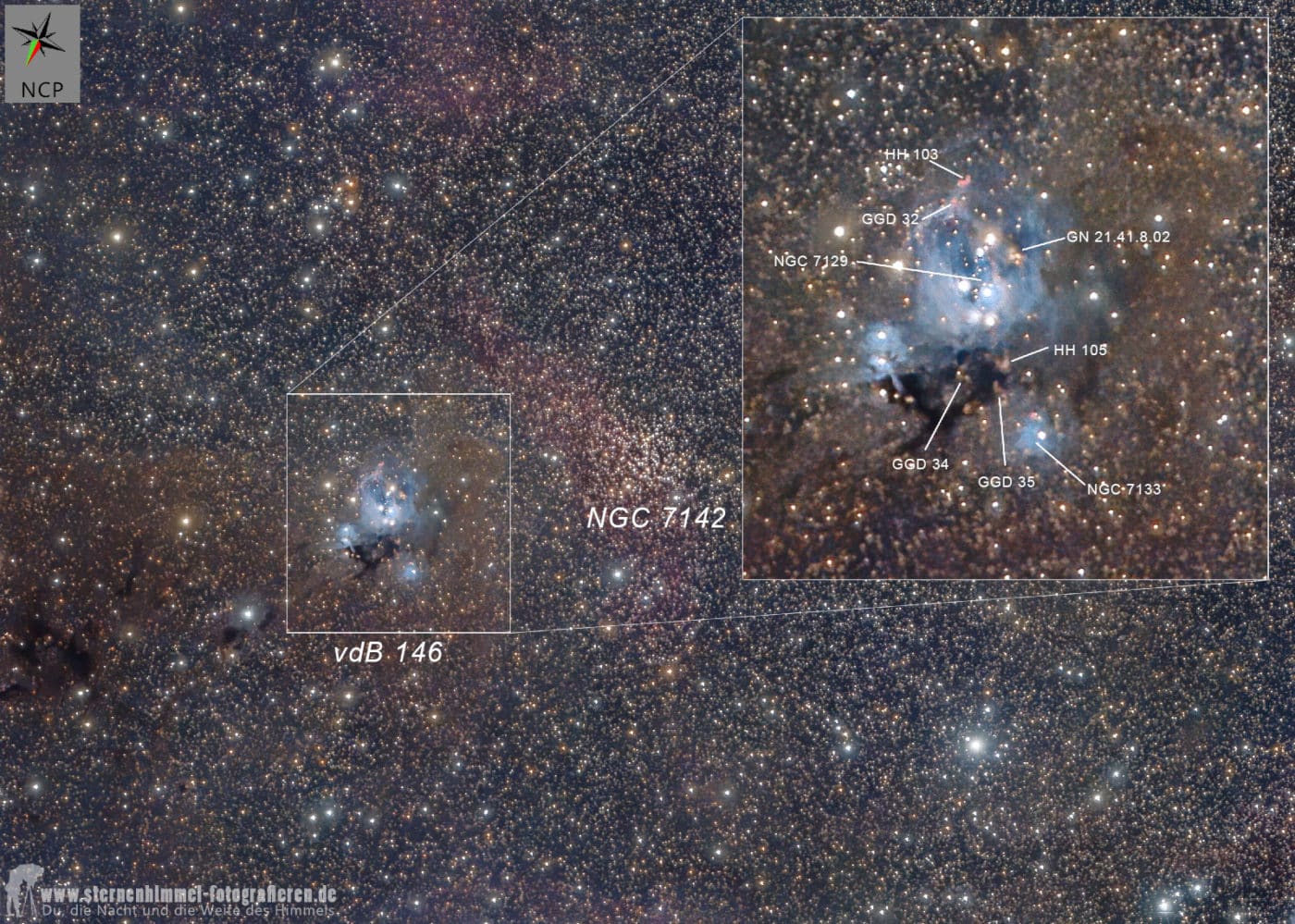 van den Bergh 146, NGC 7142, VDB146, NGC 7129, NGC 7133, HH103, HH 105, GGD 32, GGD 24, GGD 35