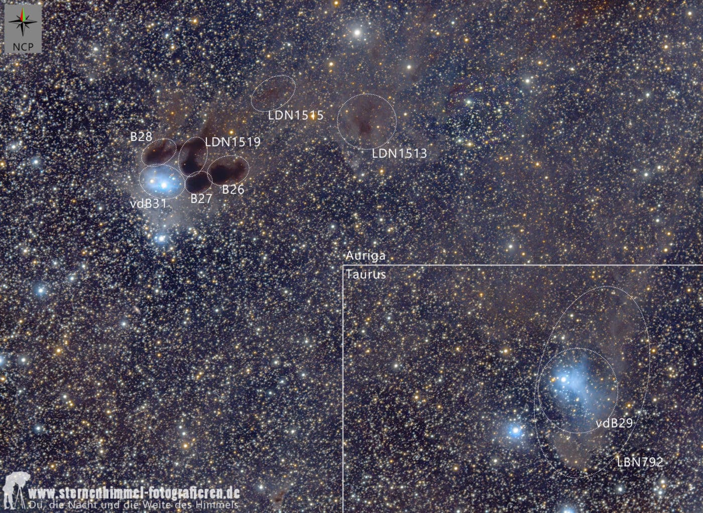 Auriga + Taurus. Sternbild Fuhrmann und Stier. Reflexionsnebel und Dunkelnebel: Van den Berg 31, vdb29, B27, Barnard 28 und 29, LDN 1515, 1513, LBN 792